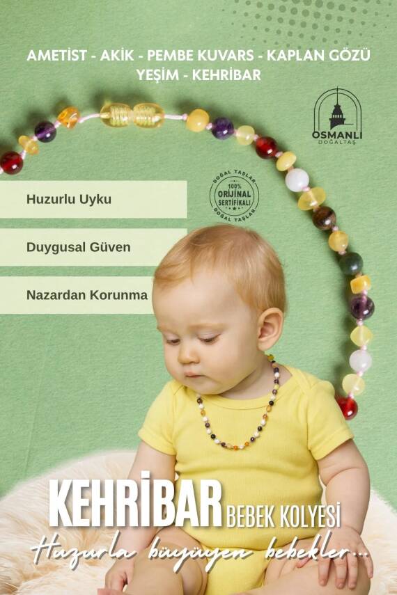 Sertifikalı Doğal Taş Bebek Kolye - Kehribar, Yeşim, Kaplan Gözü, Ametist, Pembe Kuvars, Akik - 1