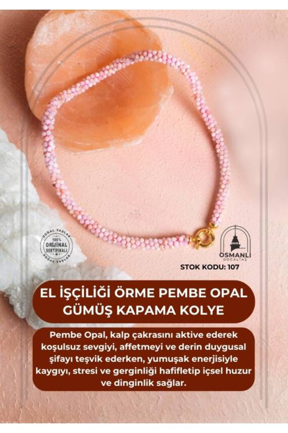 Sertifikalı El İşçiliği Örme Pembe Opal Gümüş Kapama Kolye (SK:107) - 1