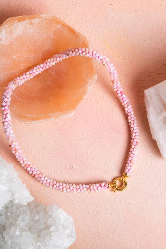 Sertifikalı El İşçiliği Örme Pembe Opal Gümüş Kapama Kolye (SK:107) - 2