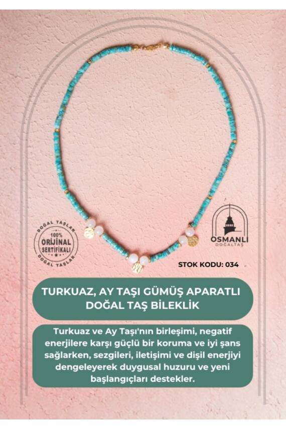 Sertifikalı Firuze(Turkuaz) , Ay Taşı Gümüş Aparatlı Doğal Taş Kolye (SK:034) - 1