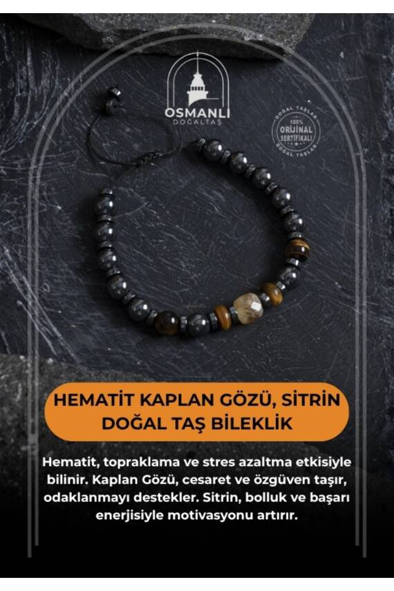 Sertifikalı Hematit Kaplan Gözü ve Sitrin Bileklik - 1