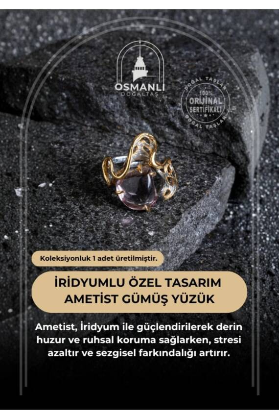 Sertifikalı İridyumlu Özel Tasarım Ametist Gümüş Yüzük (Kadın) - 2