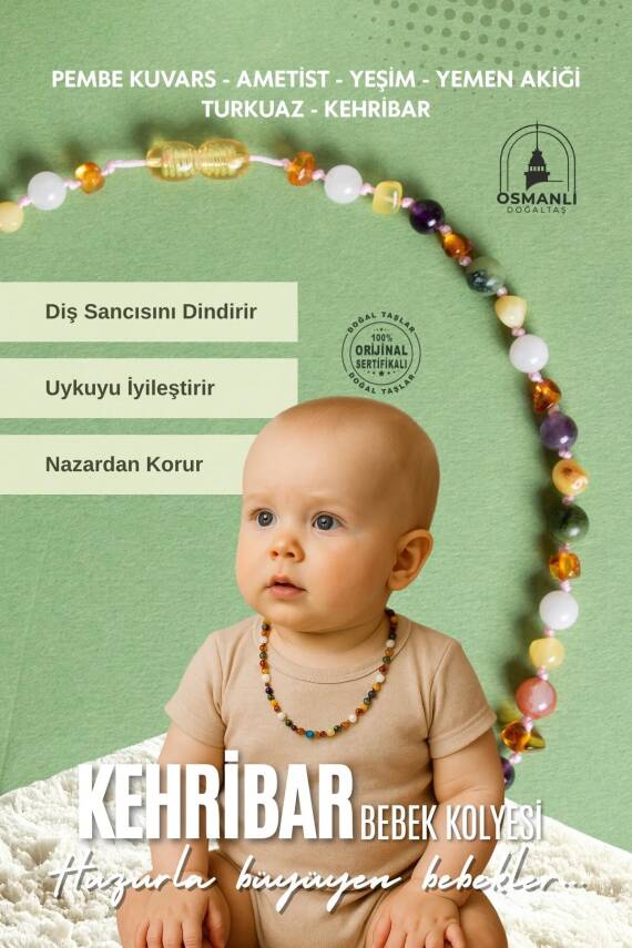 Sertifikalı Kehribar-yeşim-ametist-hakiki Yemen Akik-hakiki Turkuaz- Pembe Kuvars bebek Kolyesi M204 - 1