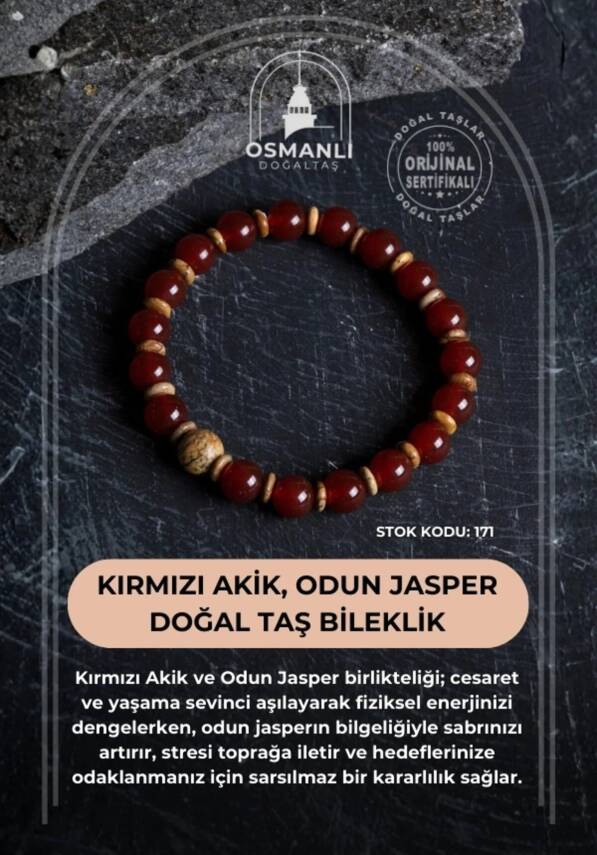 Sertifikalı Kırmızı Akik, Odun Jasper Doğal Taş Bileklik (SK:171) - 1