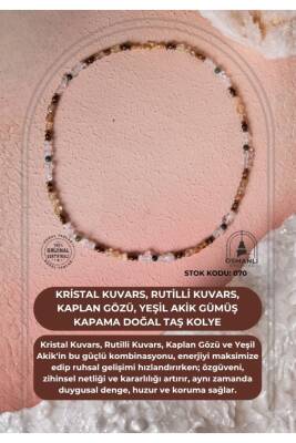 Sertifikalı Kristal Kuvars, Rutilli Kuvars, Kaplan Gözü, Yeşil Akik Gümüş Kapama Doğal Taş Kolye (SK:070) - Osmanlı Doğal Taş