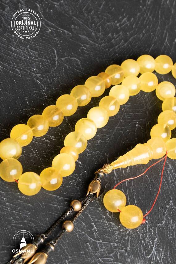 Sertifikalı Lale Motifli 12,5 mm Küre Kesim Gold Kaplama Gümüş Kehribar Tesbih - 43,50 gr - 1