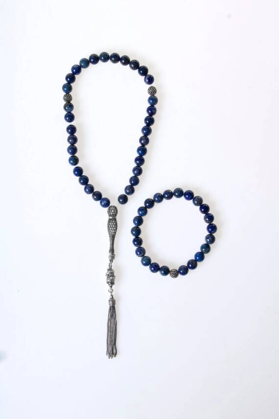 Sertifikalı Lapis Lazuli 925 Ayar Gümüş 8 mm İmameli Tesbih & Bileklik Seti - 1
