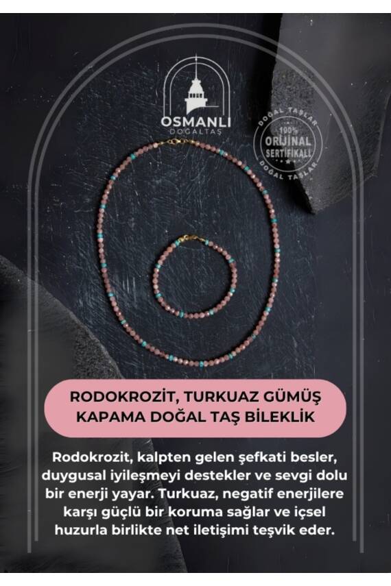 Sertifikalı Rodokrozit, Turkuaz Gümüş Kapama Doğal Taş Set - 1