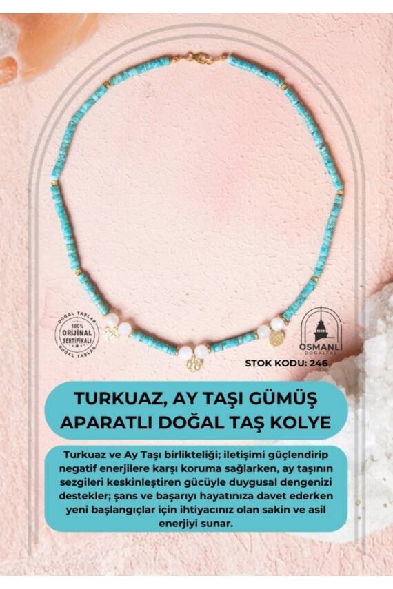 Sertifikalı Turkuaz, Ay Taşı Gümüş Aparatlı Doğal Taş Kolye (SK:246) - 1