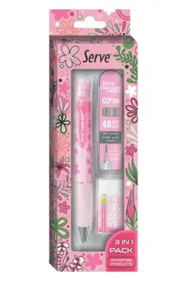 Serve Deep Doğa Desenli Çiçek Figürlü Pembe Uçlu Kalem + Uç Silgi + 0.7 mm 3 Lü Set - 3