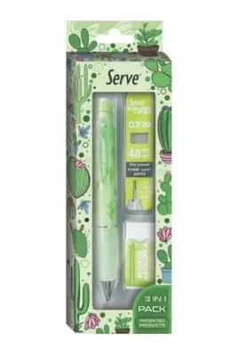 Serve Deep Doğa Desenli Kaktüs Figürlü Yeşil Uçlu Kalem + Uç + Silgi 0.7 mm 3 Lü Set - 3