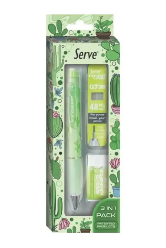 Serve Deep Doğa Desenli Kaktüs Figürlü Yeşil Uçlu Kalem + Uç + Silgi 0.7 mm 3 Lü Set - 3