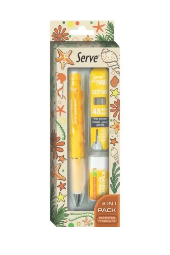 Serve Deep Doğa Desenli Okyanus Figürlü Turuncu Uçlu Kalem + Uç + Silgi 0.7 mm 3 Lü Set - 3