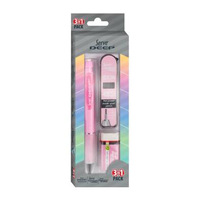 Serve Deep Pembe Okul Seti Uçlu Kalem + Uç + Silgi 0.7 mm 3 Lü Set - Serve
