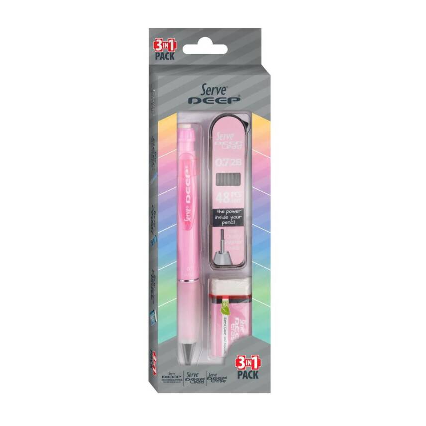 Serve Deep Pembe Okul Seti Uçlu Kalem + Uç + Silgi 0.7 mm 3 Lü Set - 1