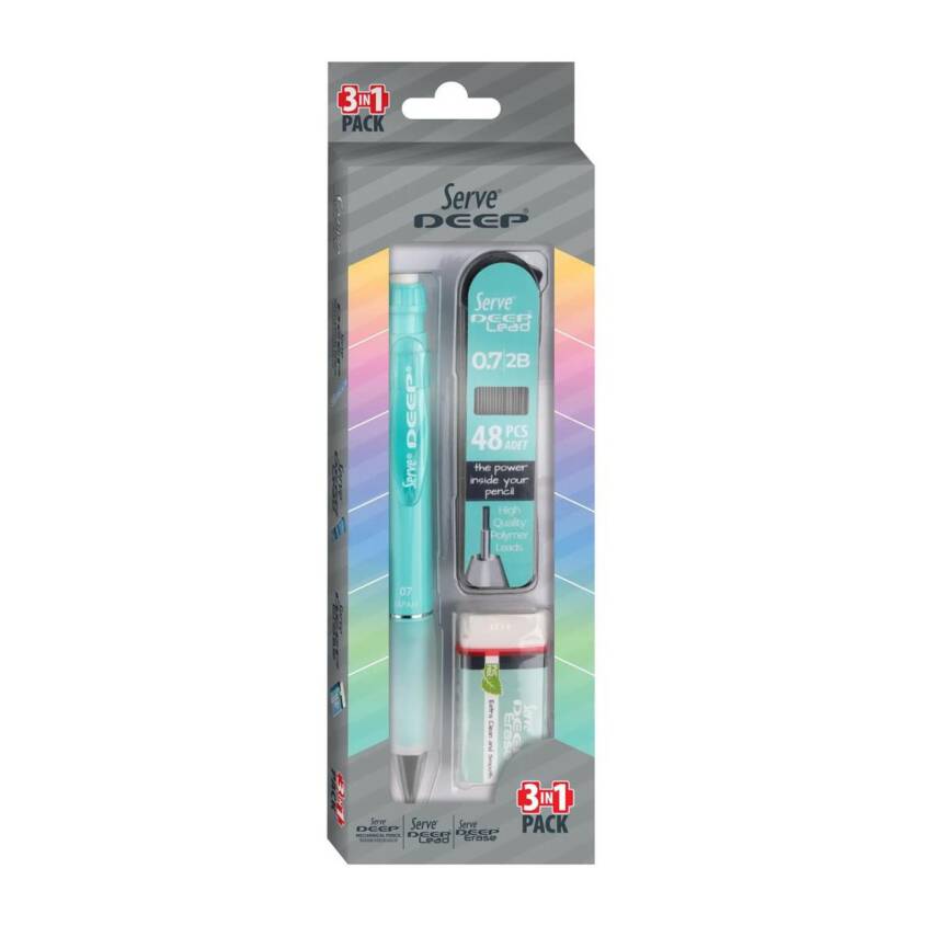 Serve Deep Su Yeşili Okul Seti Uçlu Kalem + Uç + Silgi 0.7 mm 3 Lü Set - 1