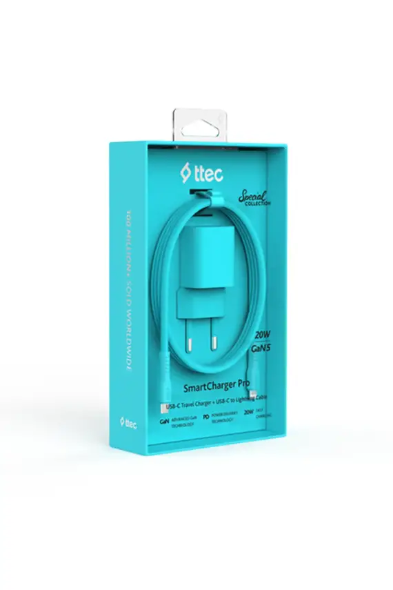 Ttec SmartCharger GAN 20 W PD Seyahat Hızlı Şarj Aleti + USB-C Lightning 120 cm Kablo Neon Mavi 2SCG20LNM - 1