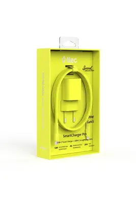 Ttec SmartCharger GAN 20 W PD Seyahat Hızlı Şarj Aleti + USB-C Lightning 120 cm Kablo Neon Sarı 2SCG20LNS - Ttec