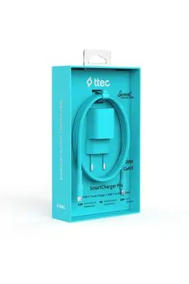 Ttec SmartCharger GAN 20 W PD Seyahat Hızlı Şarj Aleti + USB-C USB-C 3A Kablo Neon Mavi 2SCG20CNM - Ttec