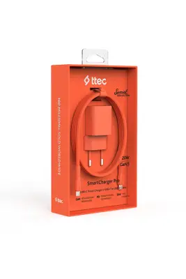 Ttec SmartCharger GAN 20 W PD Seyahat Hızlı Şarj Aleti + USB-C USB-C 3A Kablo Neon Turuncu 2SCG20CNT - Ttec