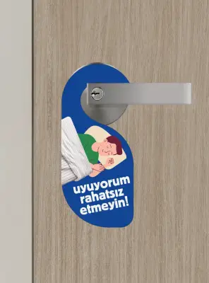 Uyuyorum Rahatsız Etmeyin Mavi Kapı Askısı Kapı Uyarı Levhası - Bemenda