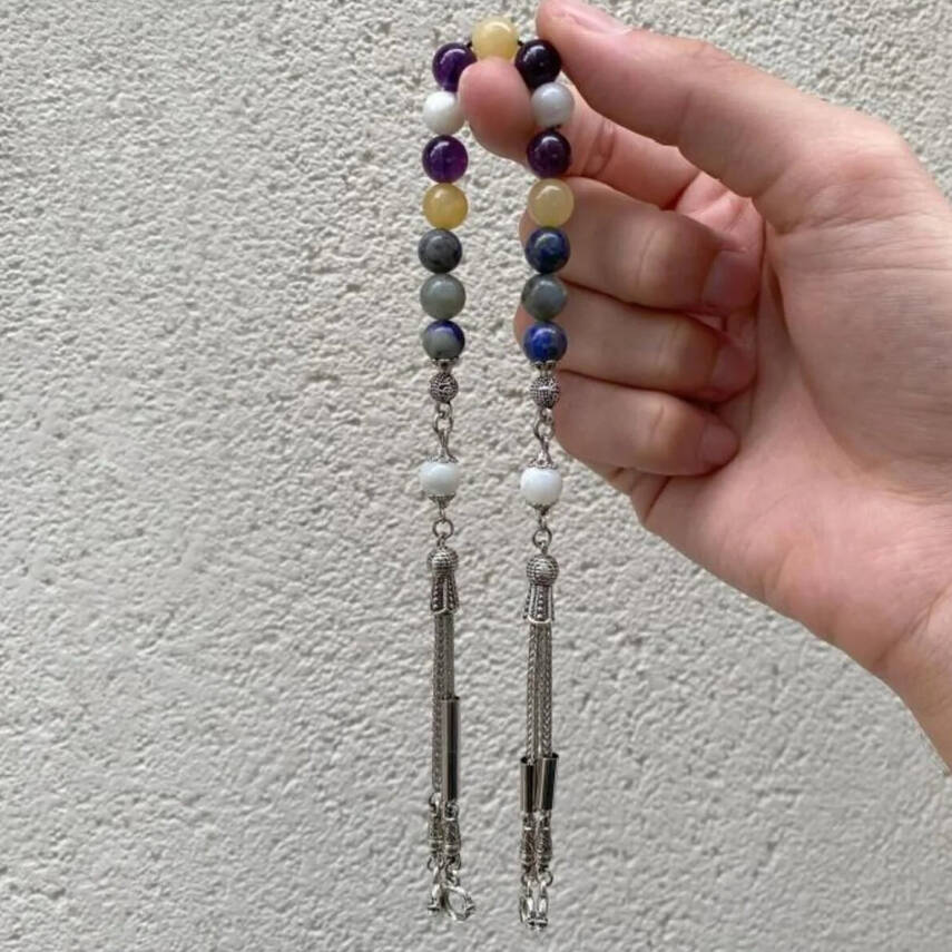 Yay Burcu Zaza Tesbih Doğal Taş Ametist, Kalsit, Labradorit, Lapis Lazuli, Sedef - 1